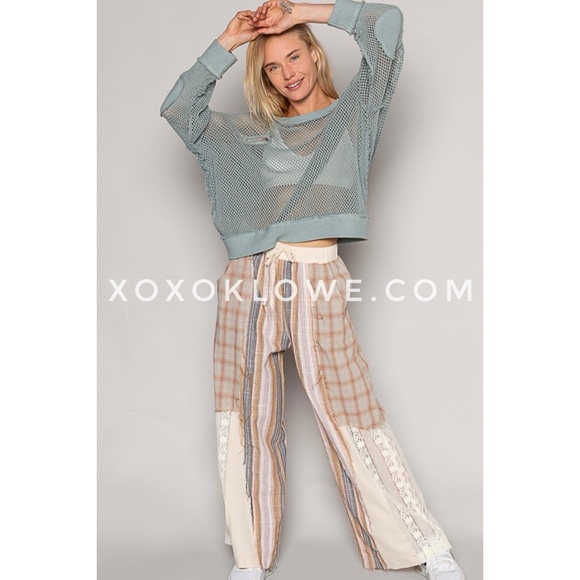 POL Cream Tan Plaid + Stripes Lace Leg Drawstring Pants - Picture 4 of 15